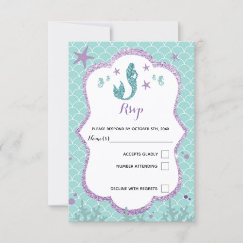 RSVP response card mermaid under sea purple teal