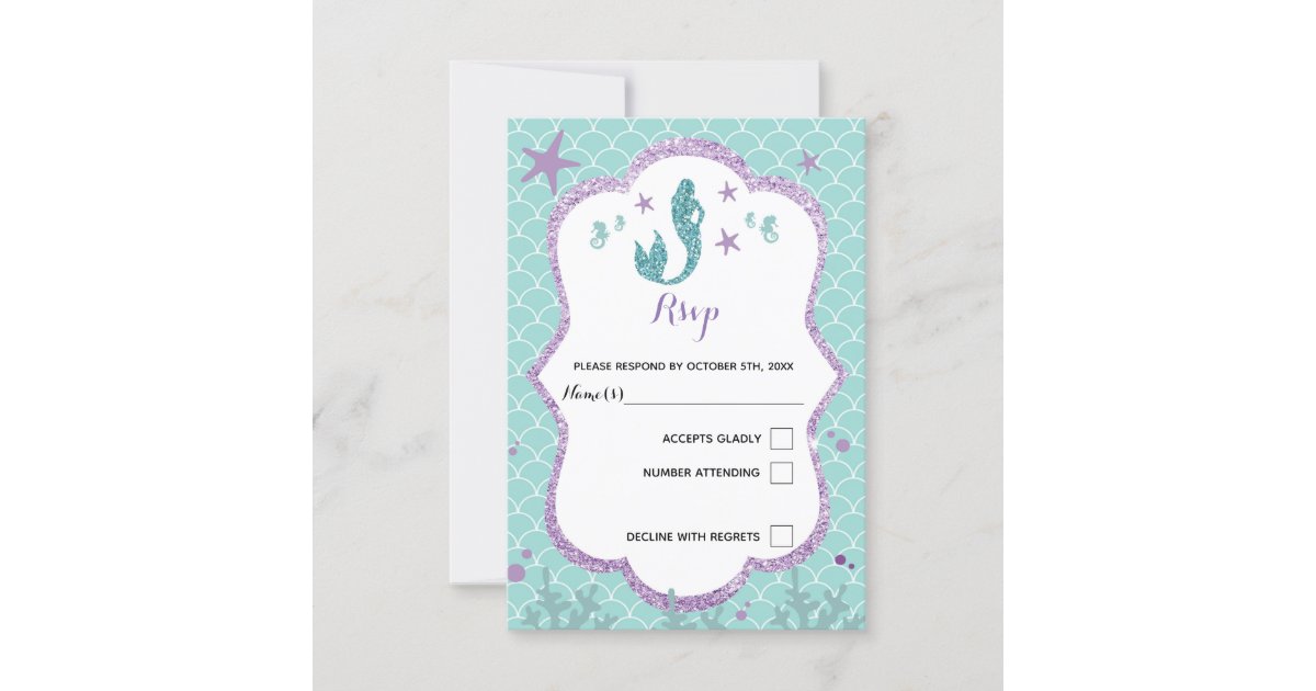 RSVP response card mermaid under sea purple teal | Zazzle