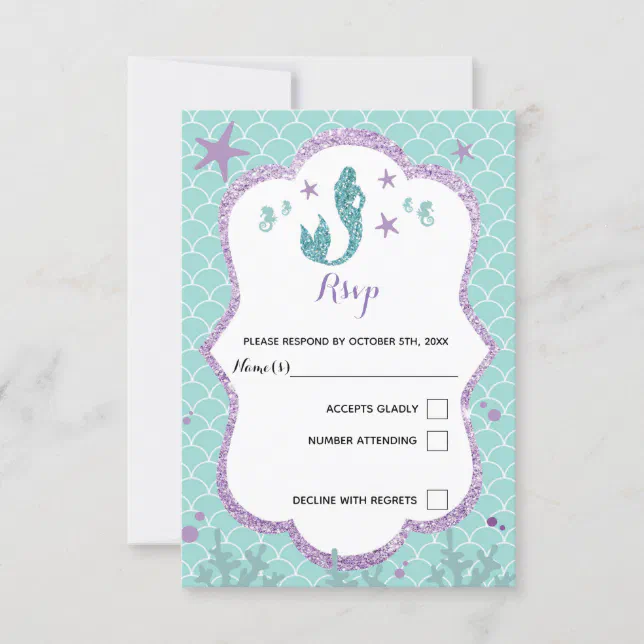 RSVP response card mermaid under sea purple teal | Zazzle