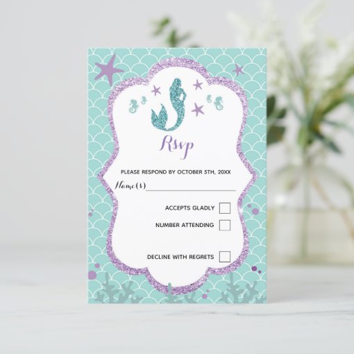 RSVP response card mermaid under sea purple teal | Zazzle