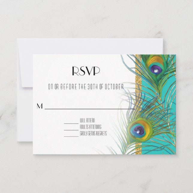 RSVP Response Card Peacock Feathers Art Deco Style (Front)