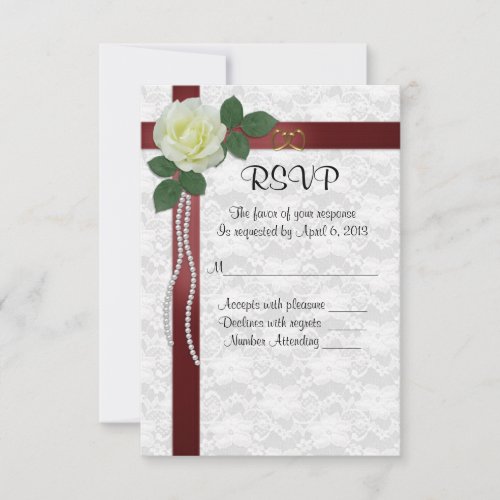 RSVP response card white rose red ribbons