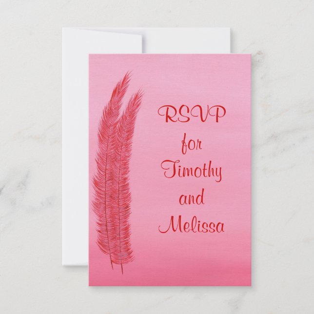 RSVP Response Cards, Red Pink Feathers (Front)