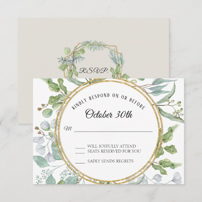 RSVP Response Eucalyptus Gold Wreath Foliage Card (Front/Back)