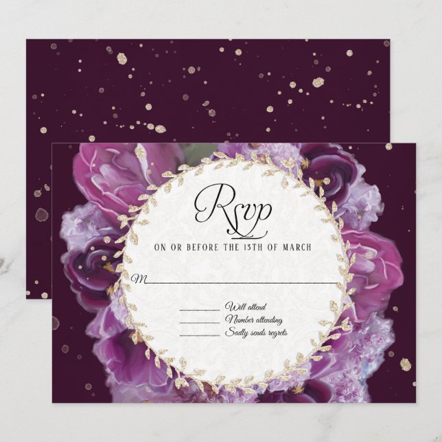 RSVP Response Lavender Purple Floral Leaf Wreath Invitation (Front/Back)