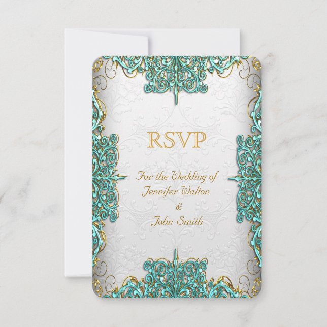 RSVP Response Wedding Ornate White Teal Blue Invitation (Front)