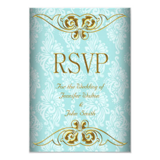 RSVP Response Wedding Teal Blue Gold Damask Card
