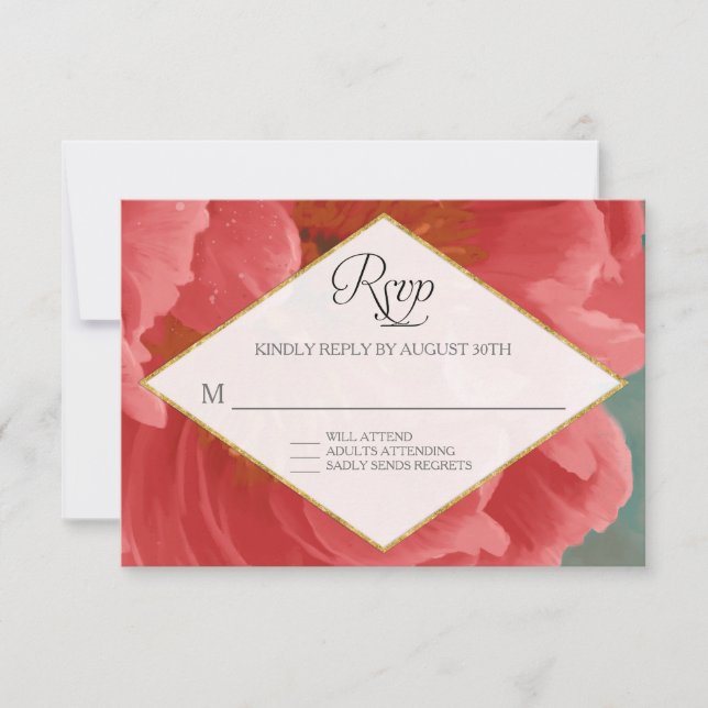 RSVP Rose Gold Faux Glitter Red Peony Winter (Front)