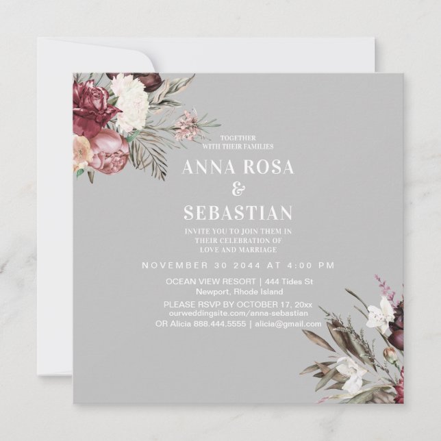 *~* RSVP Roses Burgandy Floral AR15 +  WEDDING Invitation (Front)