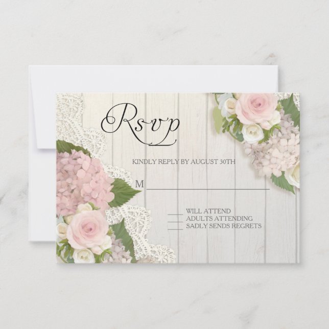 RSVP Roses Pink Hydrangea Lace Wooden Floral Card (Front)