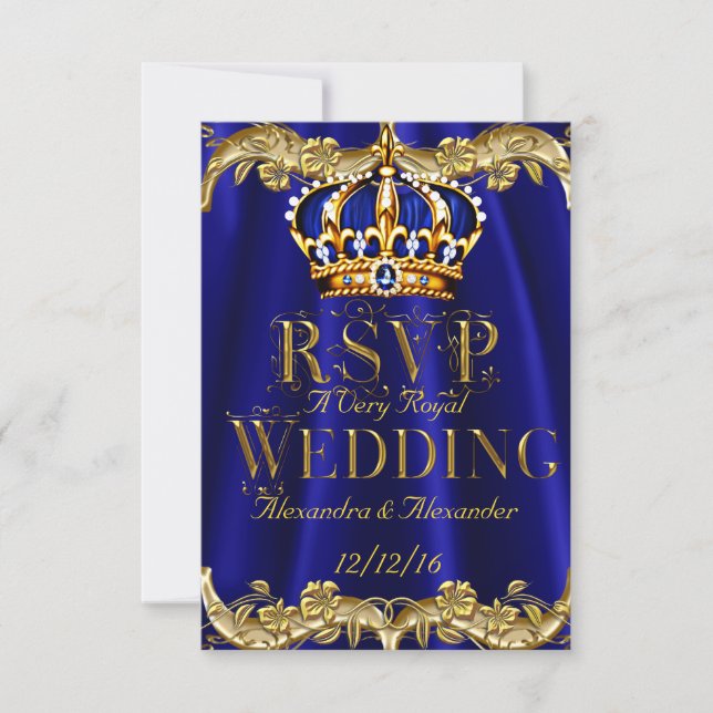 RSVP Royal Blue Navy Wedding Gold Crown Card (Front)