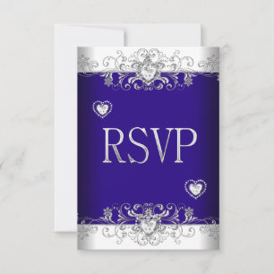 RSVP Royal blue Wedding White Diamond Hearts 2 Card