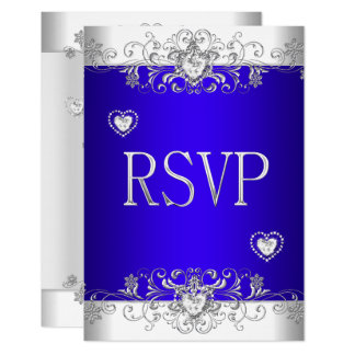 RSVP Royal blue Wedding White Diamond Hearts Invitation