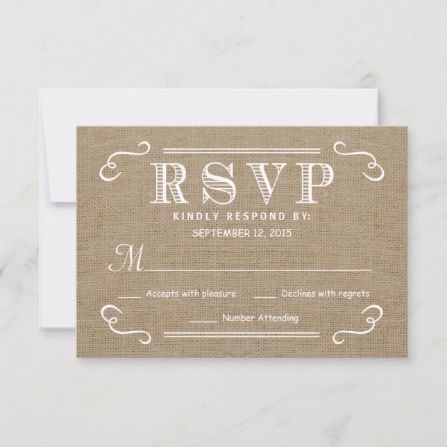 RSVP Rustic Burlap Tan and White Wedding Reply Card (Front)
