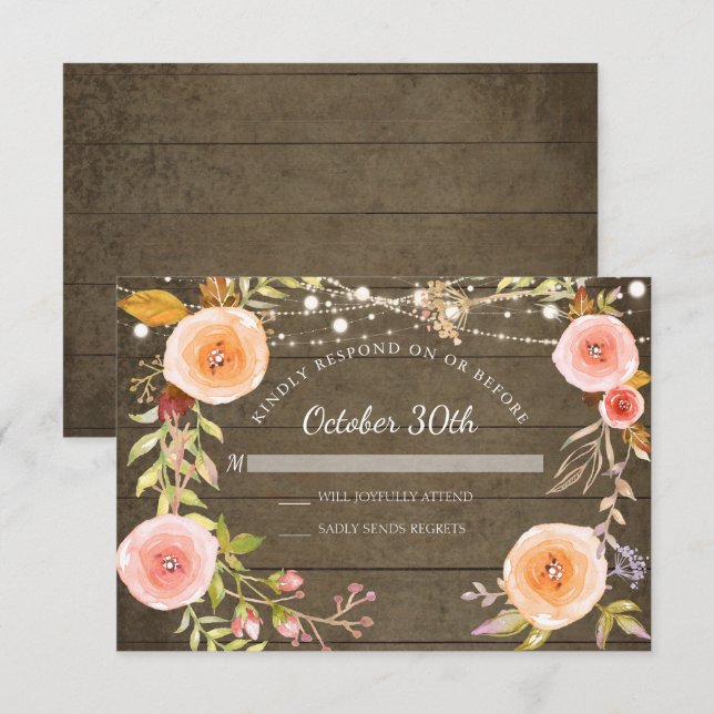 RSVP Rustic Twinkle Lights Wood Botanical Floral Invitation (Front/Back)