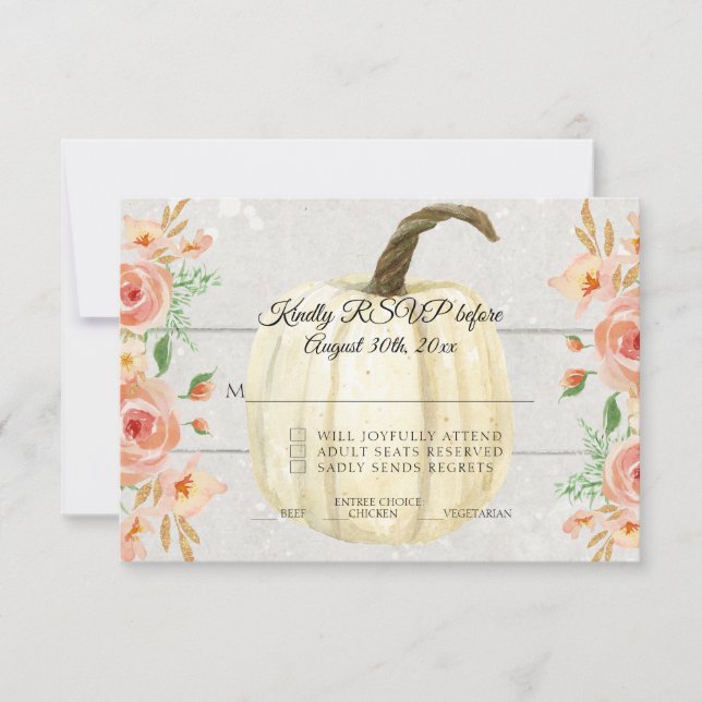 RSVP Rustic Watercolor Floral White Pumpkin Wooden Invitation (Front)
