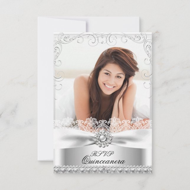 RSVP Silver Bow & Lace Quinceanera Birthday Invitation (Front)