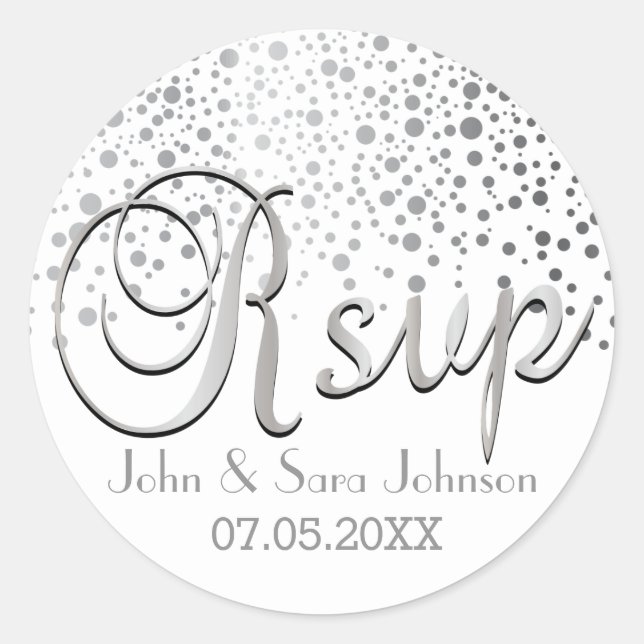 RSVP | Silver Confetti Dots | Personalize Classic Round Sticker (Front)