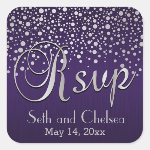 RSVP Silver Dots and Purple  Personalize Square Sticker