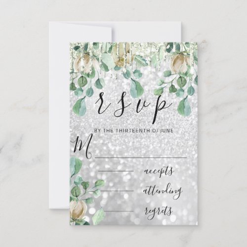 RSVP Silver Drips Wedding Mint Glitter Florals