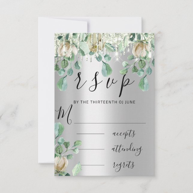 RSVP Silver Drips Wedding Mint Green Florals (Front)