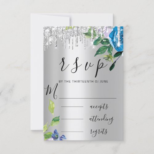 RSVP Silver Drips Wedding Navy Mint Florals