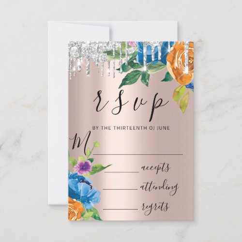 RSVP Silver Drips Wedding Navy Mint Florals Rose