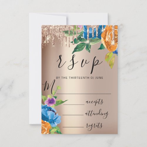 RSVP Silver Drips Wedding Navy Mint Florals Rose