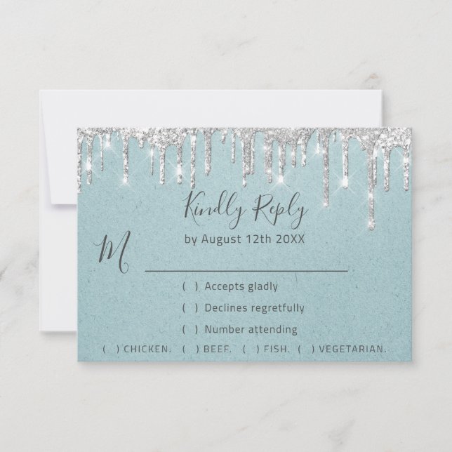 RSVP Silver Gray Drips Wedding Event Aqua Blue (Front)