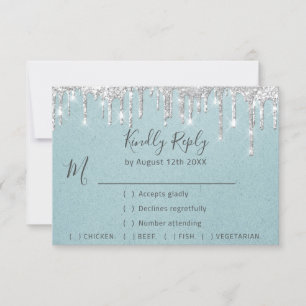 RSVP Silver Gray Drips Wedding Event Aqua Blue Card