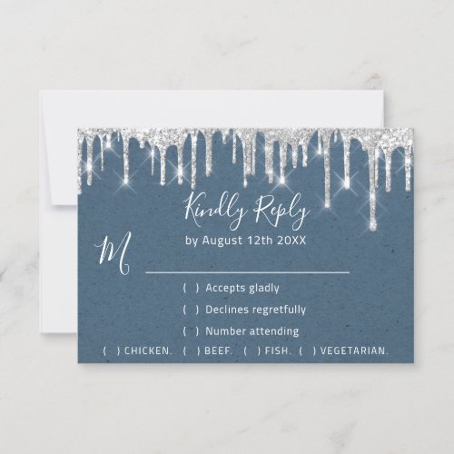 RSVP Silver Gray Drips Wedding Event Paper Blue