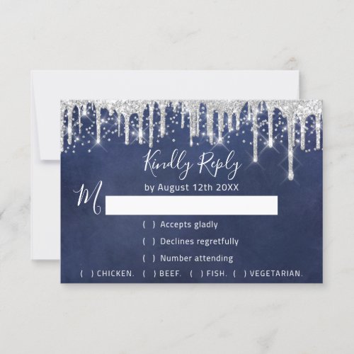 RSVP Silver Gray Drips Wedding Glitter Blue Navy 