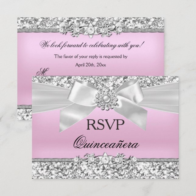 RSVP Silver Pink Glitter Jewel Bow Quinceanera Invitation (Front/Back)
