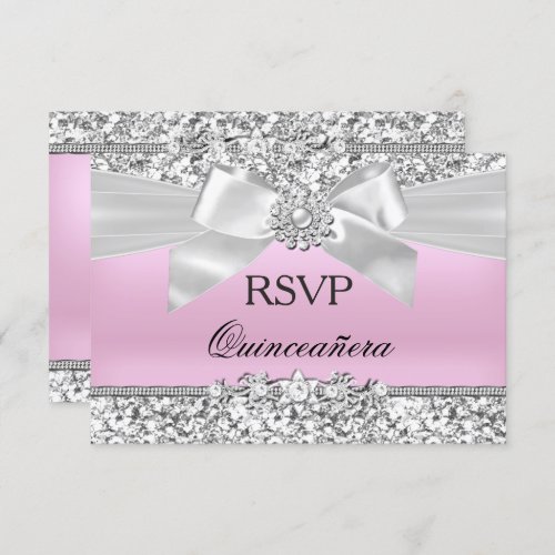 RSVP Silver Pink Glitter Jewel Bow Quinceanera Invitation