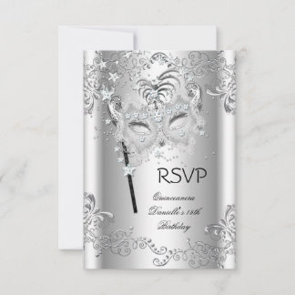 RSVP Silver Quinceanera 15th Birthday Masquerade Card