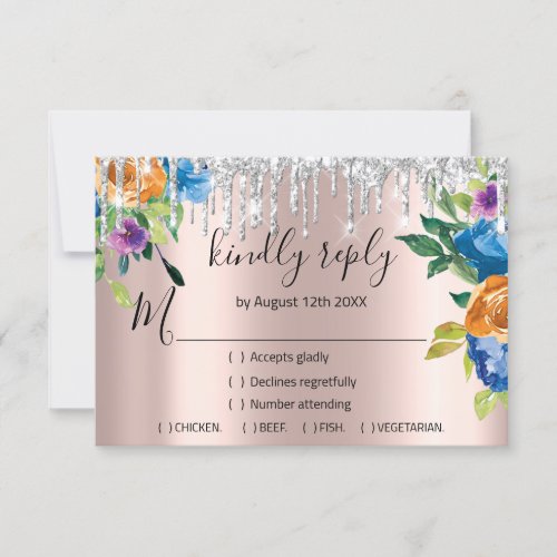 RSVP Silver Wedding Glitter Bridal Navy Rose Drips