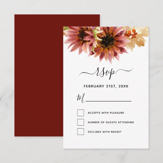 RSVP Sunflower Burgundy Country Wedding Invitation (Front/Back)