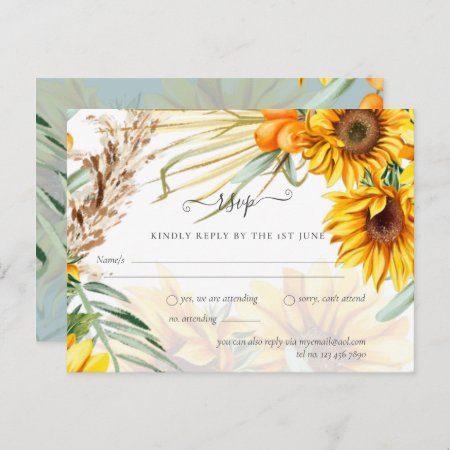 RSVP Sunflowers Pampas Grass Sage Wedding Postcard