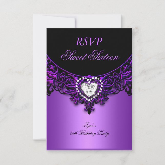 RSVP Sweet Sixteen 16 Birthday Party Purple Black Card (Front)
