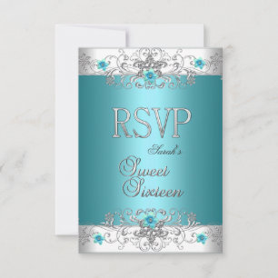 RSVP Sweet Sixteen 16 Party Teal Blue Diamond Card