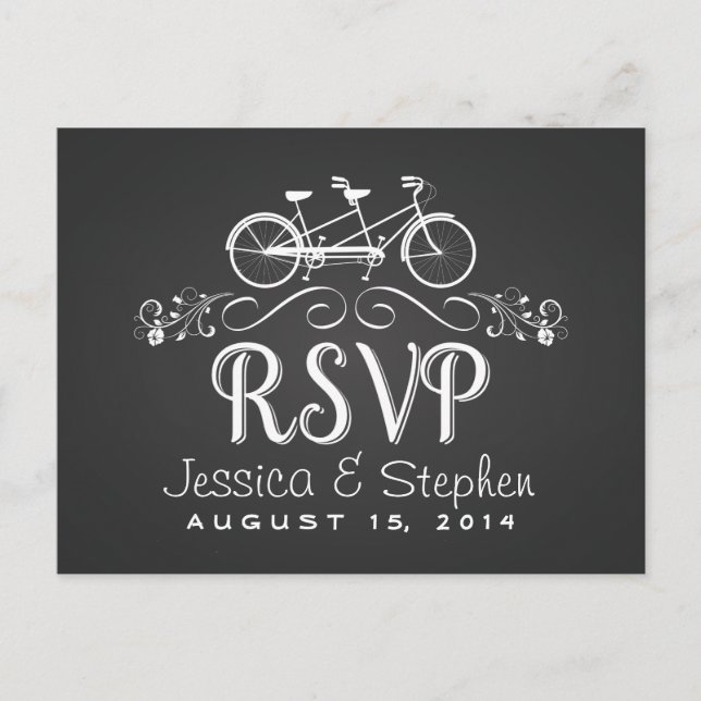 RSVP Tandem Bicycle for Two Chalkboard Reply Invitation Postcard (Front)