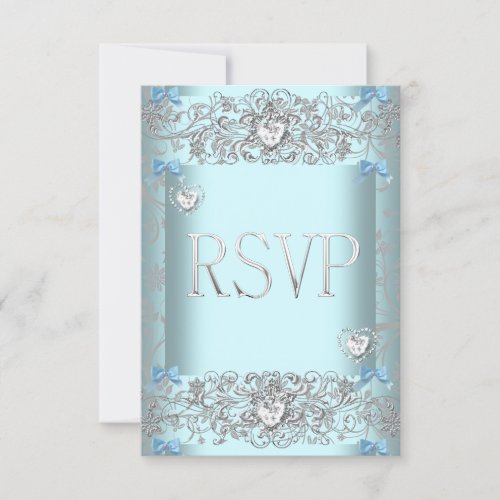 RSVP Teal Blue Damask Wedding White Diamond Hearts