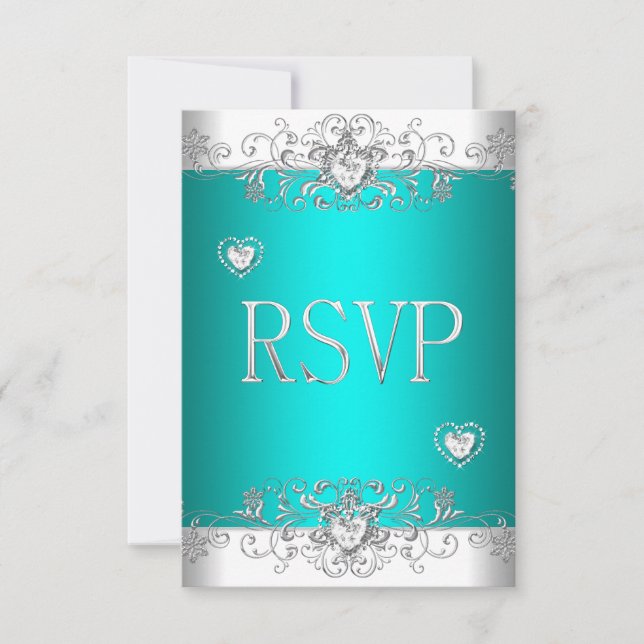 RSVP Teal Silver White Diamond Hearts Card (Front)