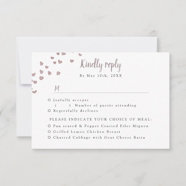 RSVP w meal choices watercolor hearts Card (Front)