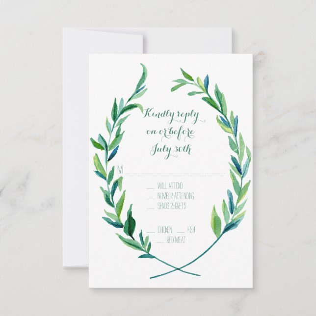 RSVP w Menu Laurel Wreath Olive Leaf Branch Modern (Front)