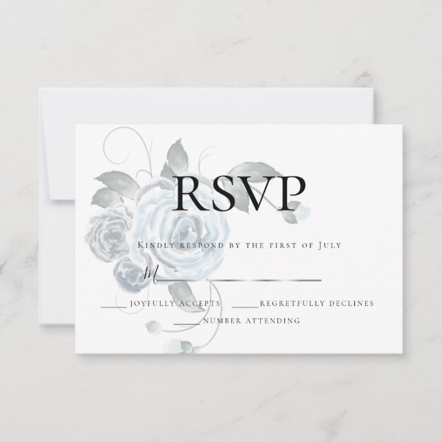 RSVP | Watercolor Dusty Blue Floral Wedding SIlver Card (Front)