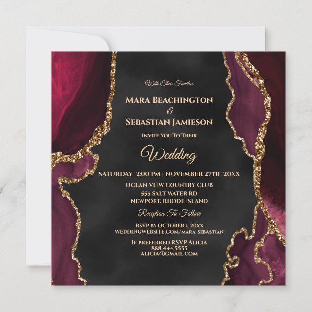 *~* RSVP Website AGATE Gold AR13 Maroon Wedding Invitation (Front)