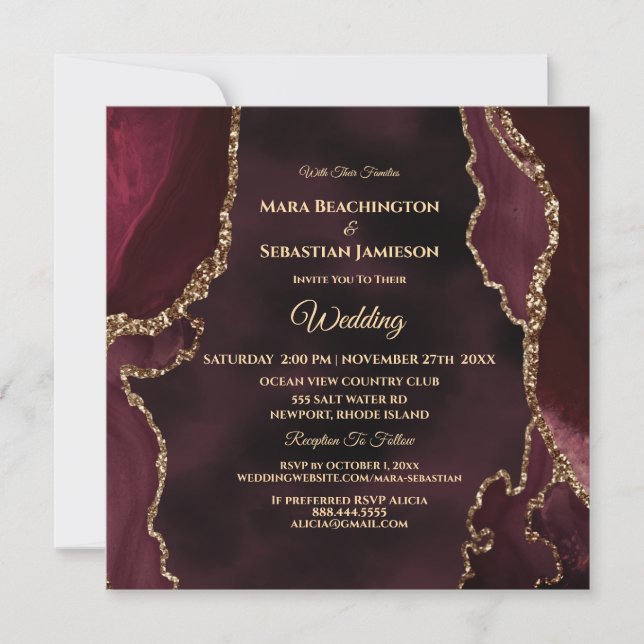 *~* RSVP Website AGATE MERLOT Gold AR13 Wedding Invitation (Front)