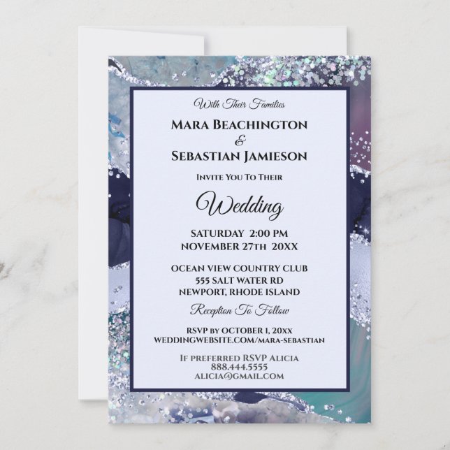 *~* RSVP Website AGATE Stars AR13 NAVY Wedding Invitation (Front)