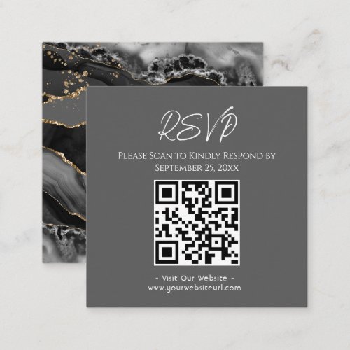 RSVP Website Black Agate Gold Glitter Wedding Square Business Card